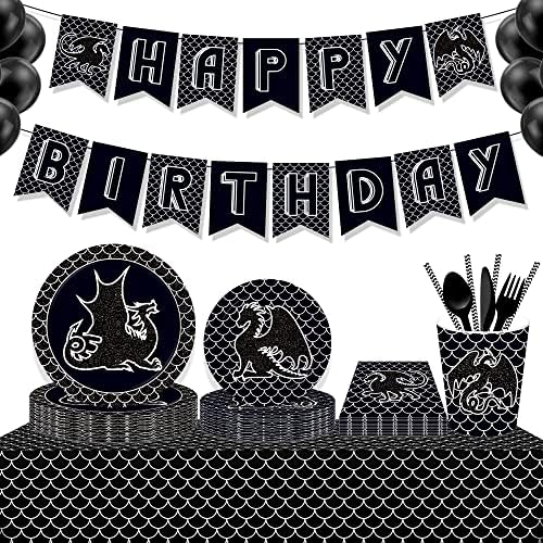Lide Road 116 Pcs Black Dragon Party Plates Set for 16 Guests