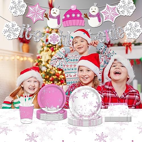 2 Pcs Pink Snowflake Plastic Tablecloth - Winter Wonderland Party Cover