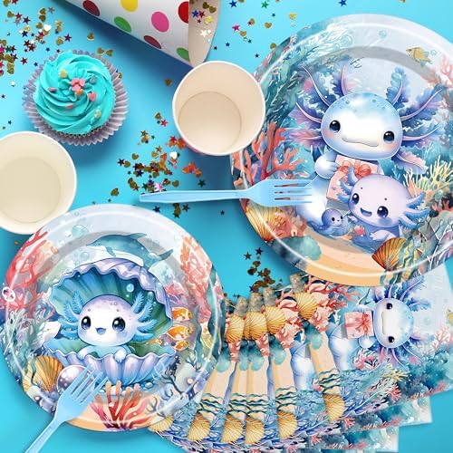 Blue Axolotl Themed Party Plates Set of 96 for 24 Guests