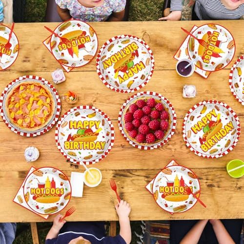 Grencian 96 PCS Hot Dogs Birthday Plates Napkins