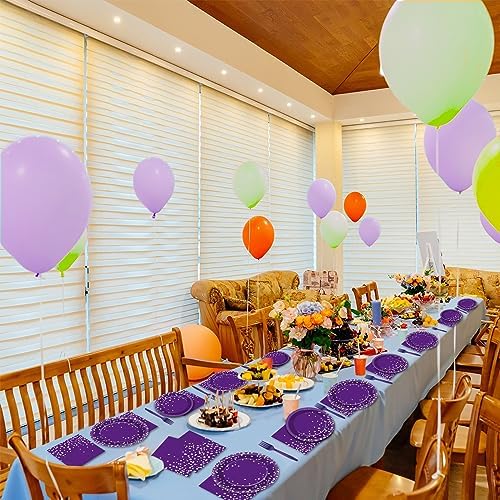 96 Pcs Purple Silver Dot Party Plates Napkins Set for 24 Guests