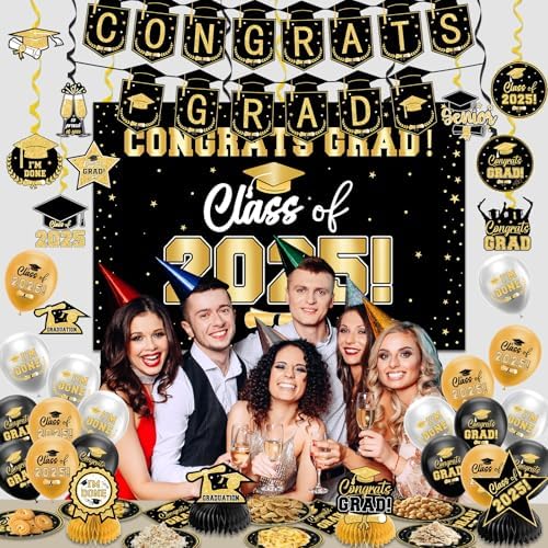 2025 Graduation Decor Set Black And Gold Congrats Party Supplies