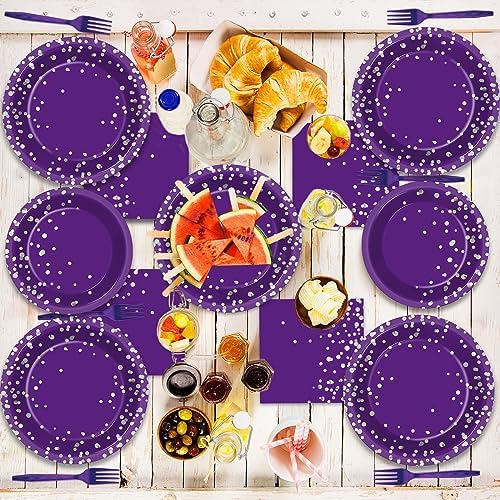 96 Pcs Purple Silver Dot Party Plates Napkins Set for 24 Guests
