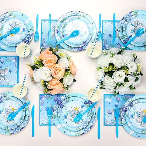 Spakon 200 Pcs Baby Shower Paper Plates Cups Napkins Straws Tableware Set