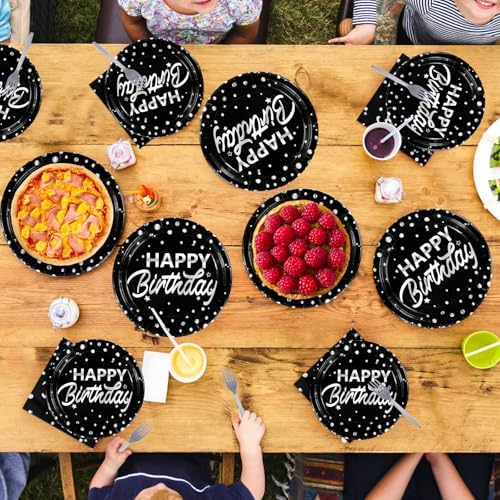 Grencian 96Pcs Black and Silver Birthday Plates Napkins Forks Set