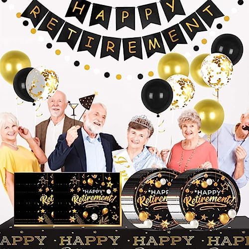40pcs Retirement Party Tableware Set with Black and Gold Plates and Napkins