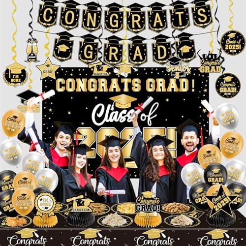 2025 Graduation Decor Set Black And Gold Congrats Party Supplies