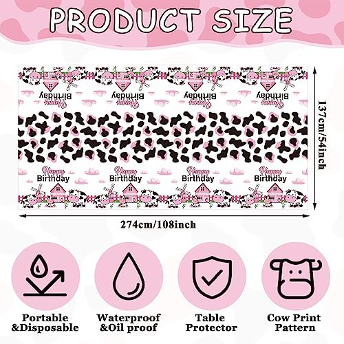 Whaline 3 Pcs Pink Cow Print Tablecloth Waterproof Disposable Party Cover