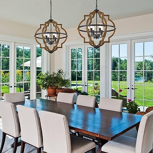 6-Light Farmhouse Wood Pendant Light with Adjustable Height