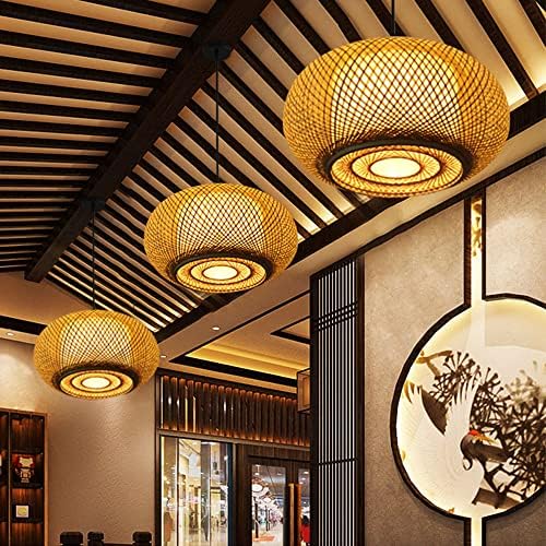 Bamboo Weave Chandelier with Fabric Lampshade