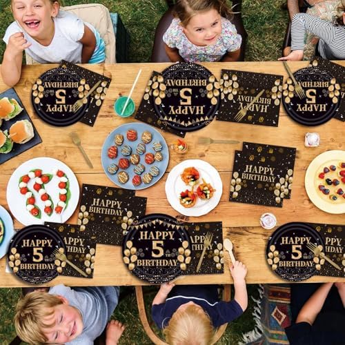 96PCS 5th Birthday Plates Set Black Gold Theme for 24 Guests