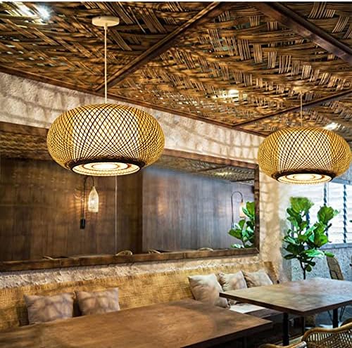 Bamboo Weave Chandelier with Fabric Lampshade