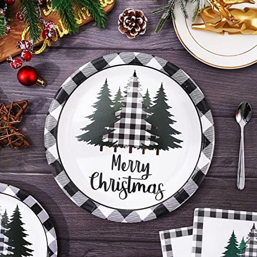 Whaline 100Pcs Christmas Tableware Set Plaid Tree Party Decor