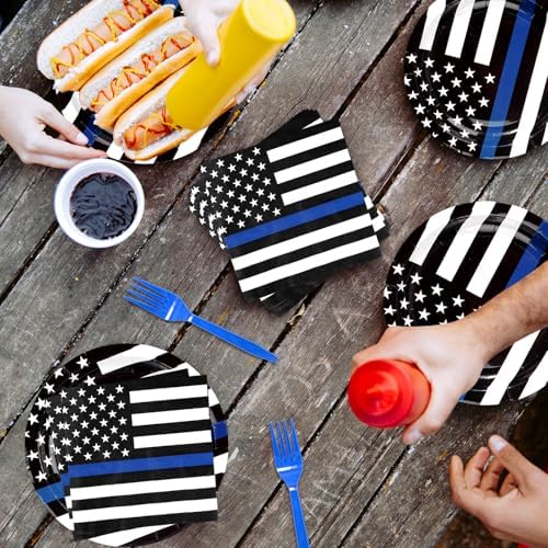 96Pcs Police Retirement Party Supplies Blue Line Plates Napkins Tableware