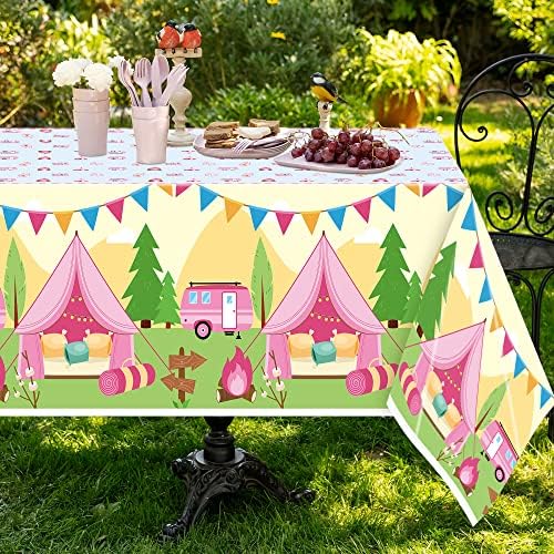Pink Camping Plastic Tablecloths 3-Pack for Parties
