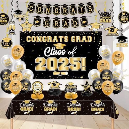 2025 Graduation Decor Set Black And Gold Congrats Party Supplies