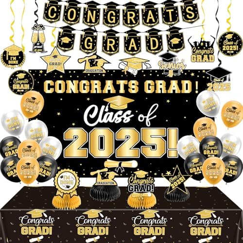 2025 Graduation Decor Set Black And Gold Congrats Party Supplies