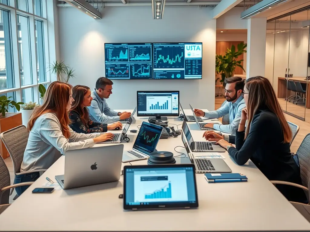 An image depicting market research analysts examining data trends on multiple screens, highlighting key insights and competitive analysis.