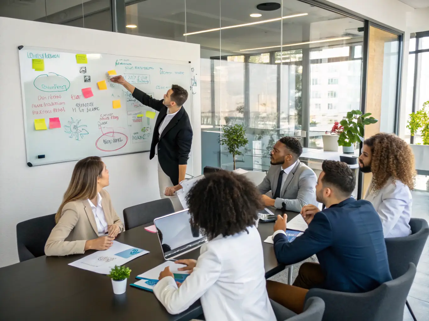 A dynamic image showing a team of consultants brainstorming around a digital whiteboard, filled with charts and data visualizations, symbolizing strategic planning and collaboration.