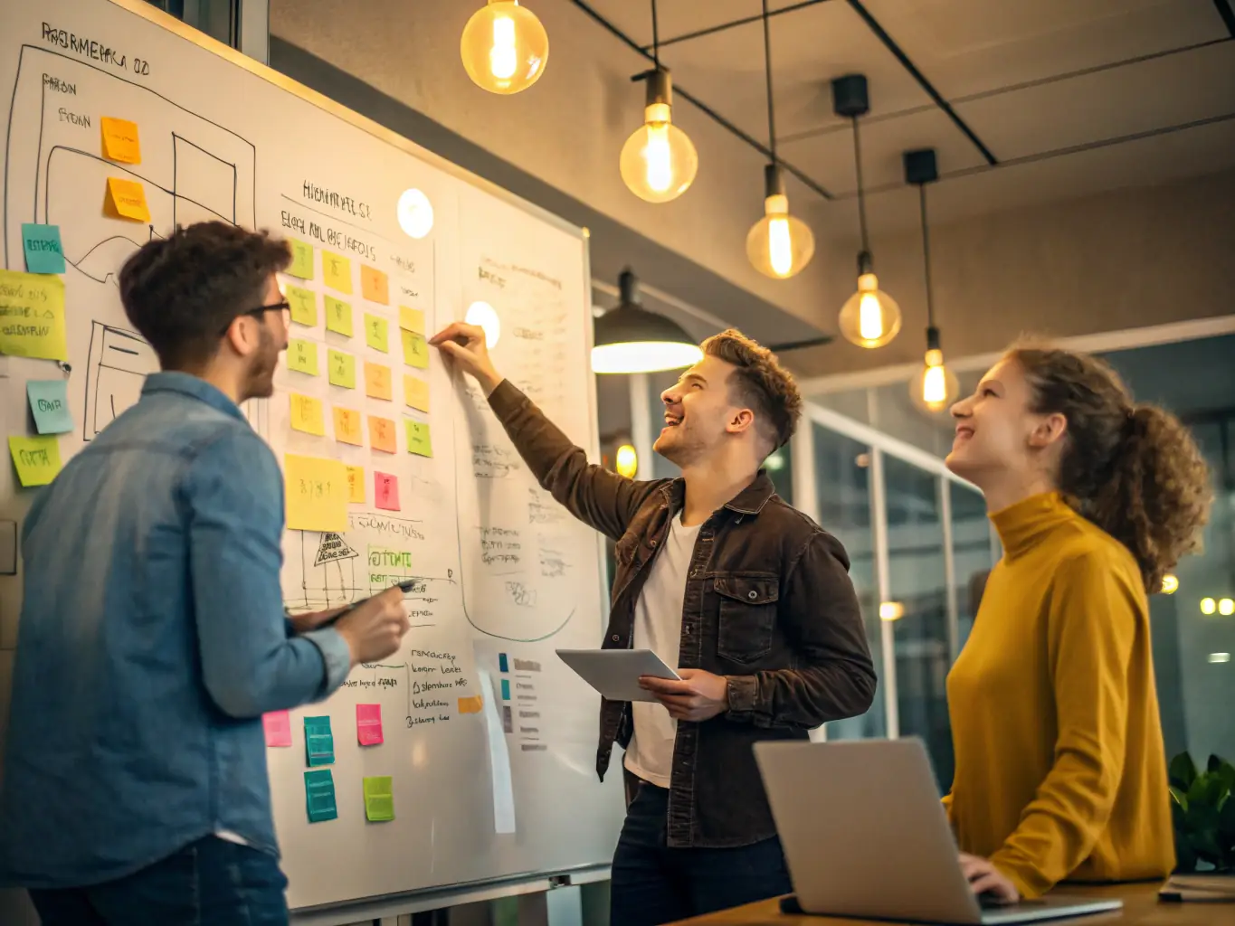 A dynamic image depicting a team brainstorming over digital transformation strategies with various technology tools displayed on screens and whiteboards, set in a modern, collaborative office environment.