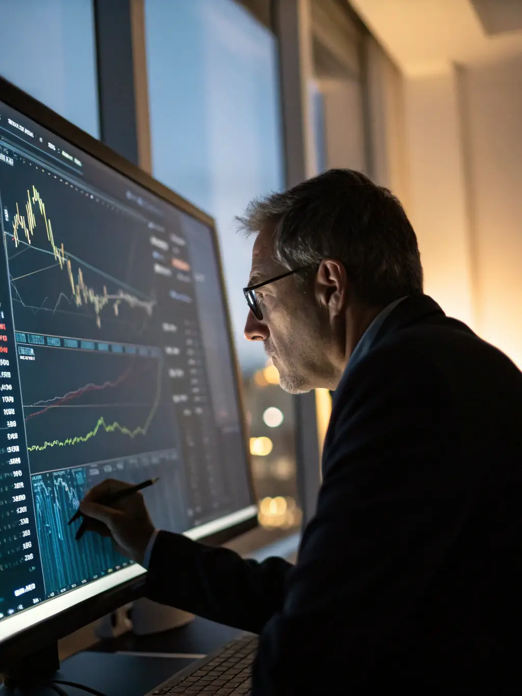 A consultant is analyzing market data and trends on a large screen, identifying key opportunities and challenges for a tech company.