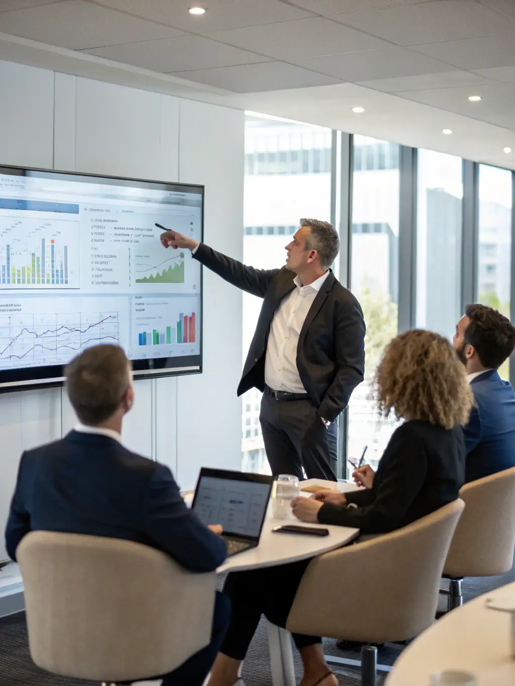 A consultant is presenting a digital transformation roadmap to a client in a modern office setting. The roadmap outlines key milestones and strategies for integrating new technologies.