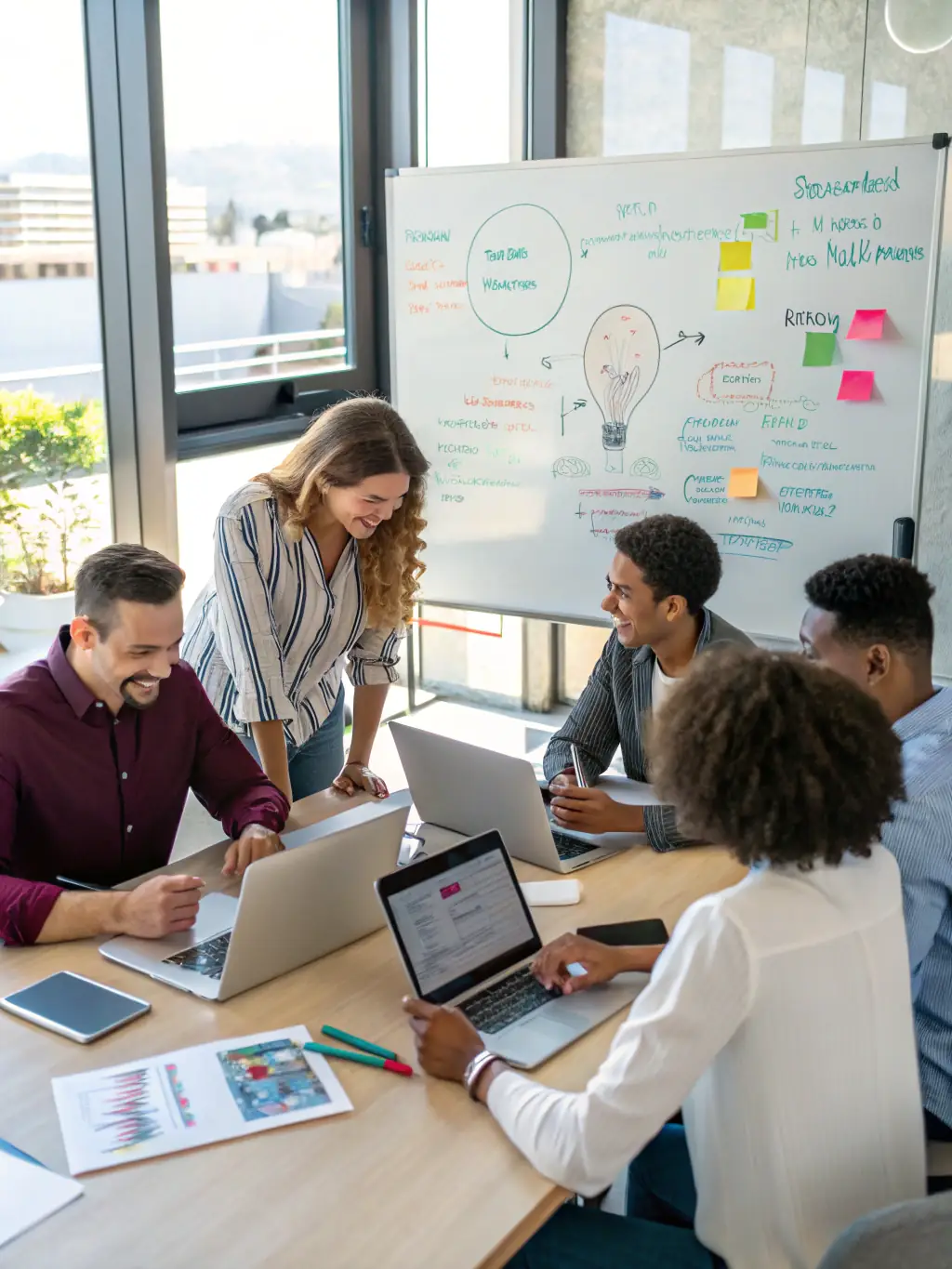 A team of consultants is collaborating on a technology implementation plan, using laptops and whiteboards to map out the integration process.